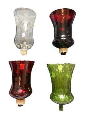 Set of 4 Vintage Glass Peg Votive Holders Red, Avocado Green, Clear Etched